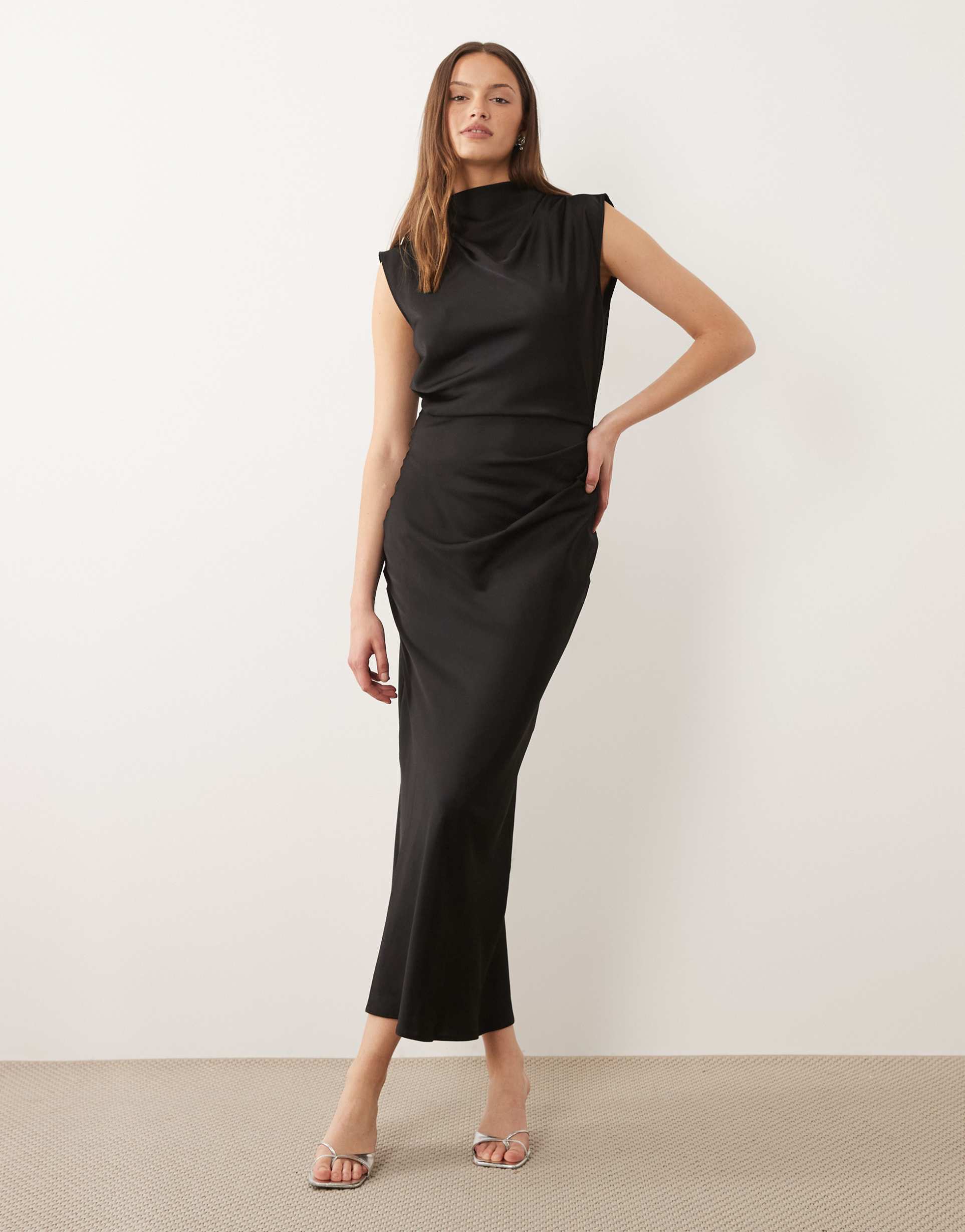 asos design tall satin high neck pleated bodice midi dress in black