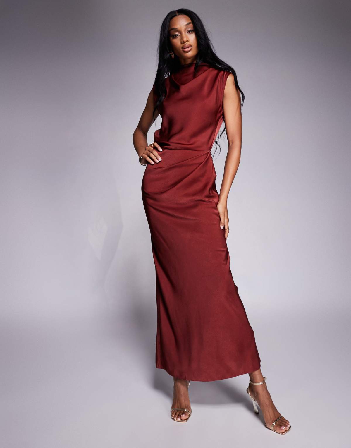 ASOS DESIGN Tall satin high neck pleated bodice midi dress in chocolate