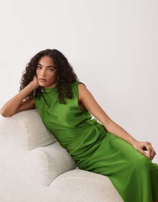 Asos Tall Asos Design Tall Satin High Neck Pleated Bodice Midi Dress In Green