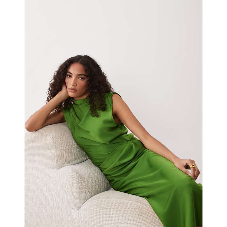 ASOS DESIGN Tall satin high neck pleated bodice midi dress in green | ASOS