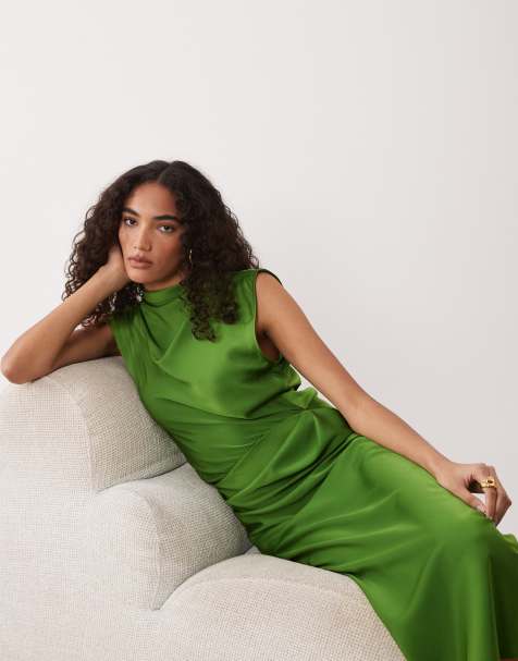 ASOS DESIGN Tall satin high neck pleated bodice midi dress in green