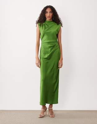 asos green satin midi dress ASOS - Satin High Neck Pleated Midi Dress - Women - Polyester - 0 US