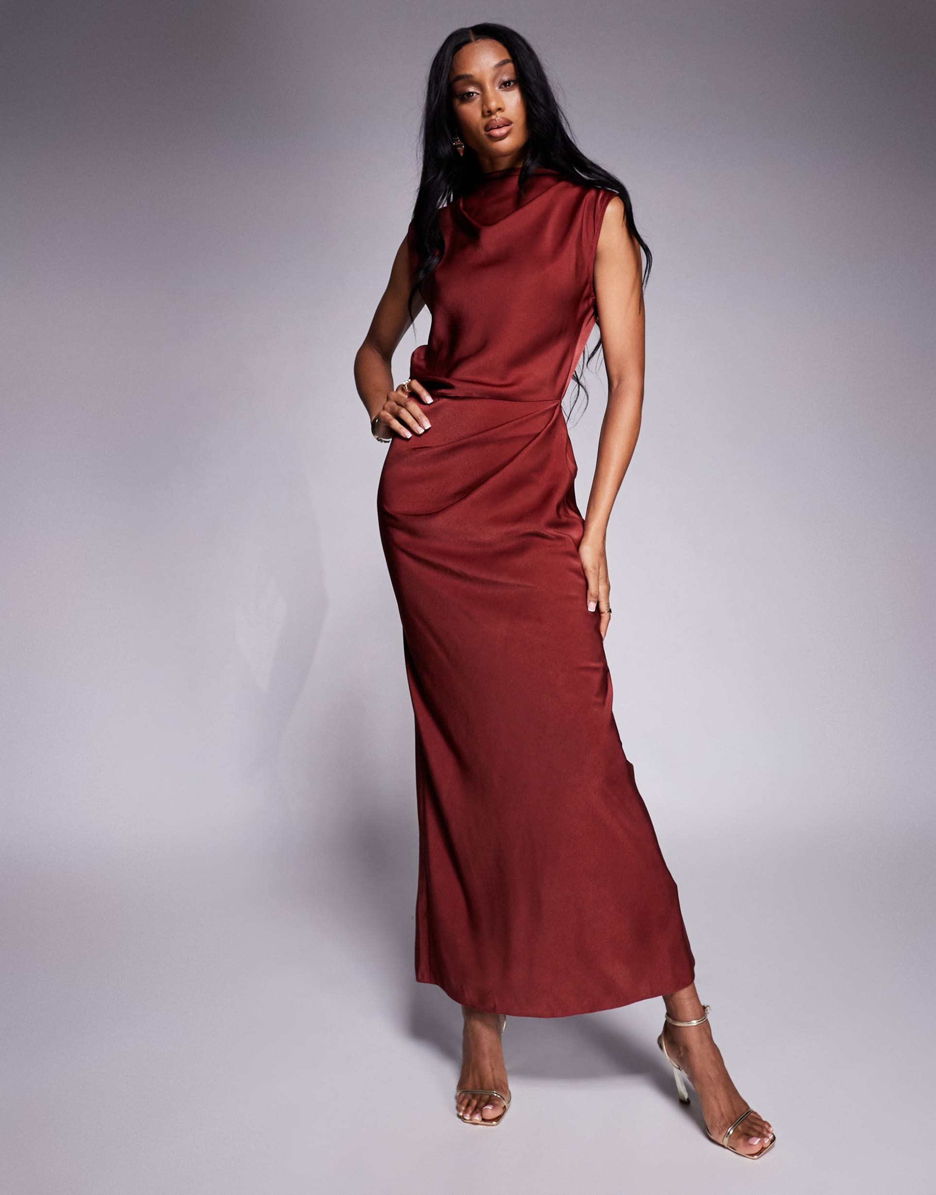 asos design tall satin high neck pleated bodice midi dress in rust