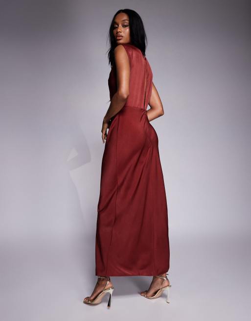 ASOS DESIGN Tall satin high neck pleated bodice midi dress in rust