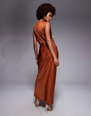 Asos Tall Asos Design Tall Satin High Neck Pleated Bodice Midi Dress In Red