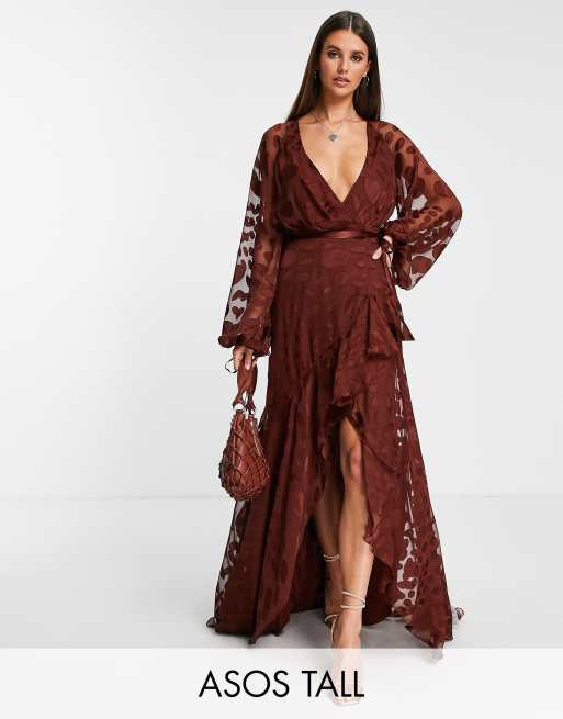 ASOS Asos Design Tall Satin Jacquard Warped Spot Wrap Maxi Dress With Tie  Waist in Brown