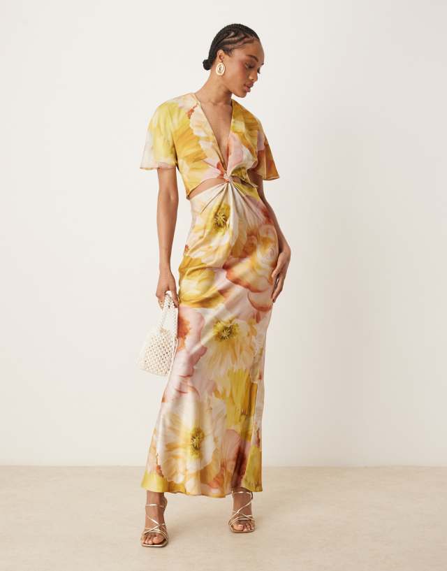 asos golden floral bardot midi dress DESIGN Tall satin knot detail cutout in yellow popular flower girl dresses