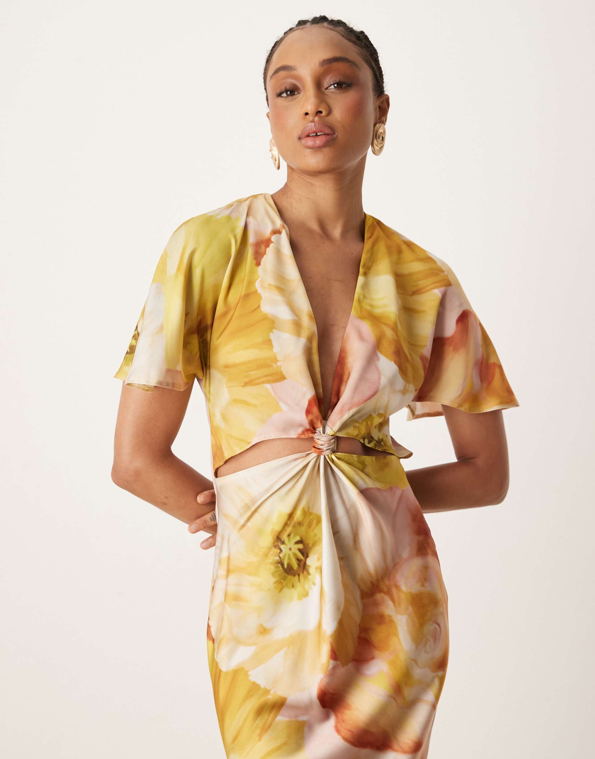 asos design tall satin knot detail cutout midi dress in golden yellow floral