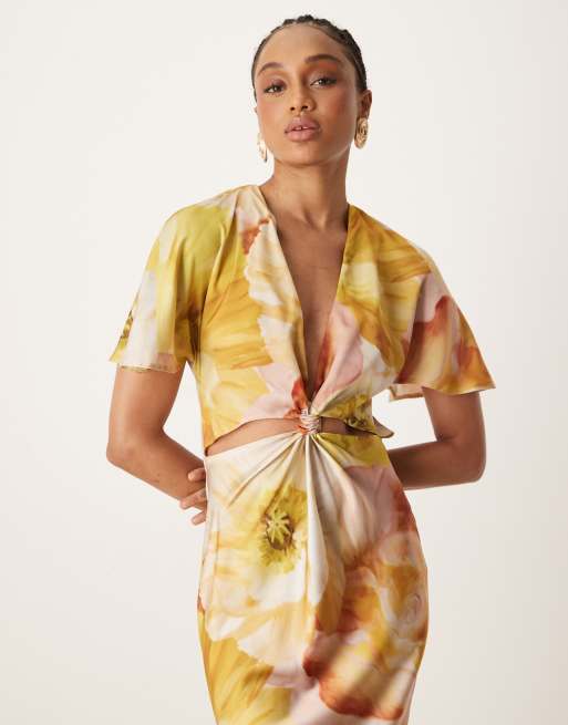 ASOS DESIGN Tall satin knot detail cutout midi dress in golden yellow floral
