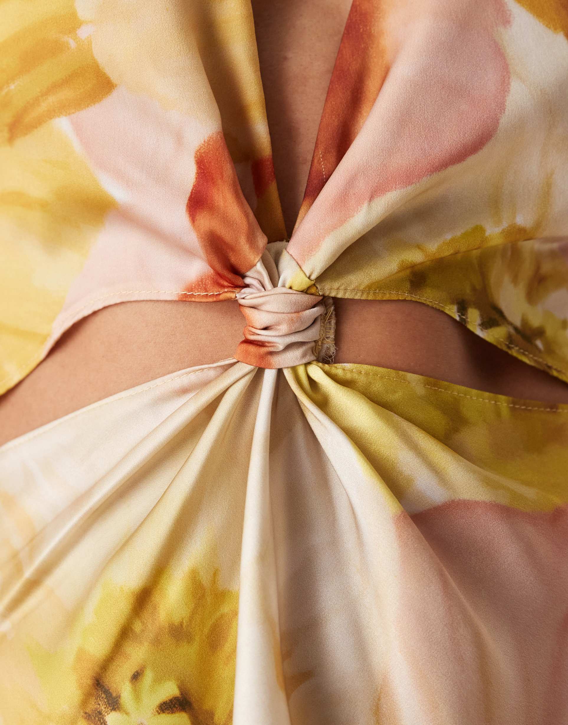 asos design tall satin knot detail cutout midi dress in golden yellow floral