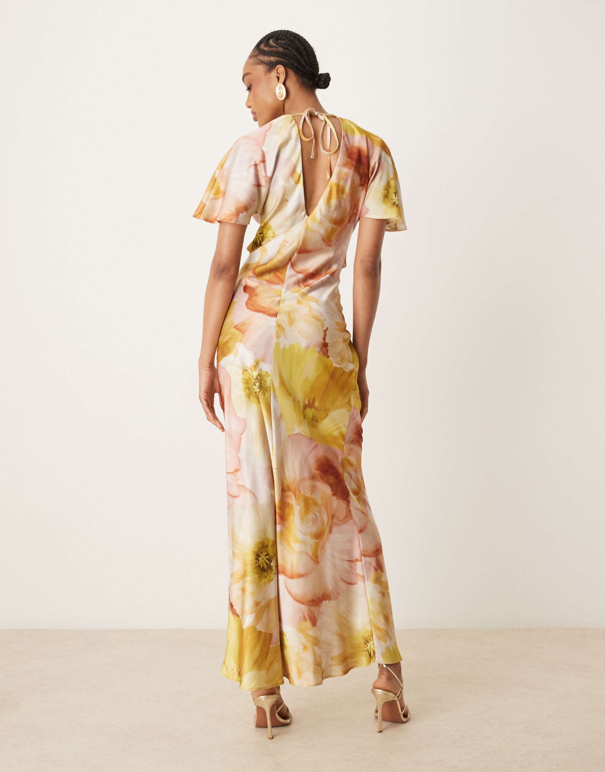 asos design tall satin knot detail cutout midi dress in golden yellow floral