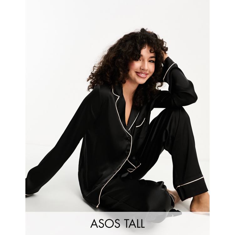 ASOS Design Tall Satin Shirt & Pants Pajama Set with Contrast Piping in Emerald Green