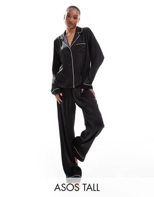 ASOS DESIGN Tall satin long sleeve shirt trouser pyjama set in black