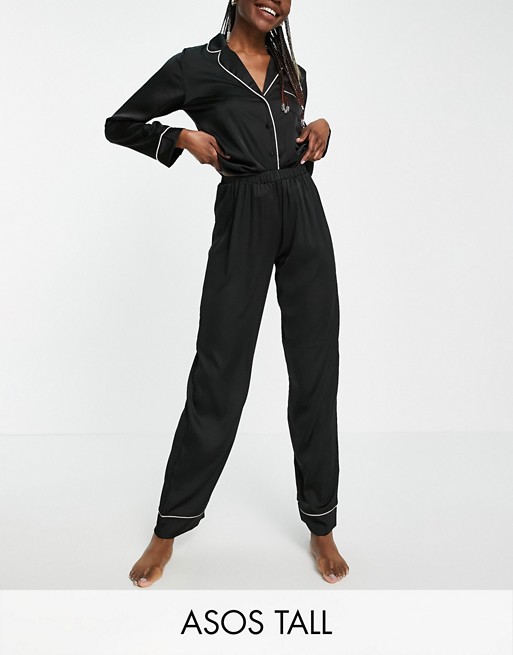 ASOS DESIGN Tall satin long sleeve shirt & trouser pyjama set in black
