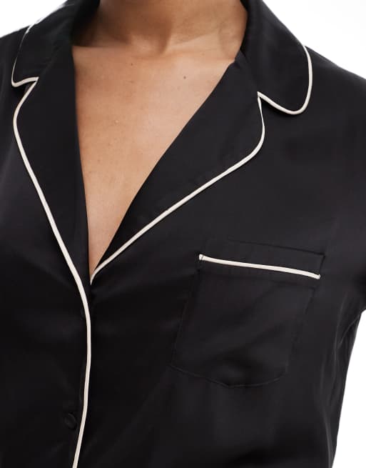 ASOS DESIGN Tall satin long-sleeved shirt and pants pyjama set in black, 2 of 4