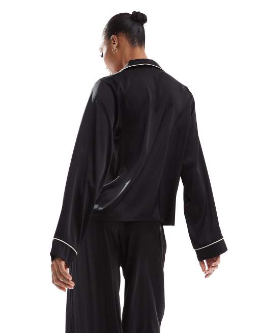 ASOS DESIGN Tall satin long-sleeved shirt and pants pyjama set in black, 4 of 4