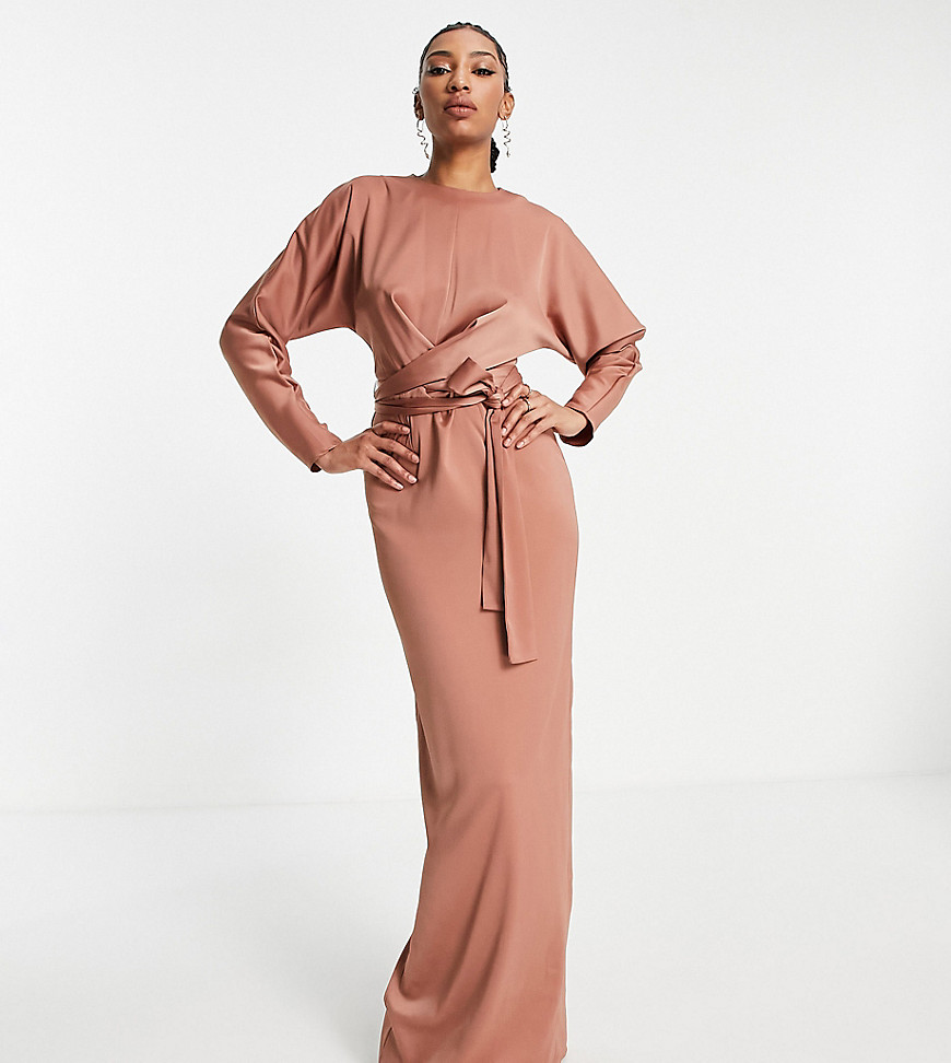 ASOS DESIGN Tall satin maxi dress with batwing sleeve and wrap waist in mink-Pink