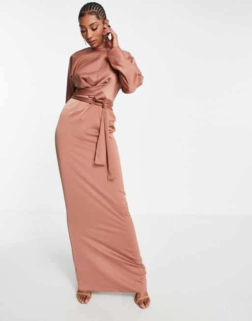 Maxi dress with batwing sleeve cheap and wrap waist in satin