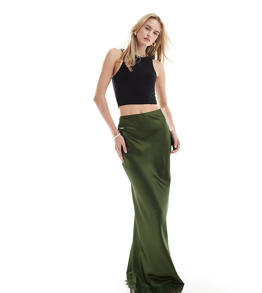 ASOS DESIGN Tall satin maxi skirt with lace trim in khaki-Green
