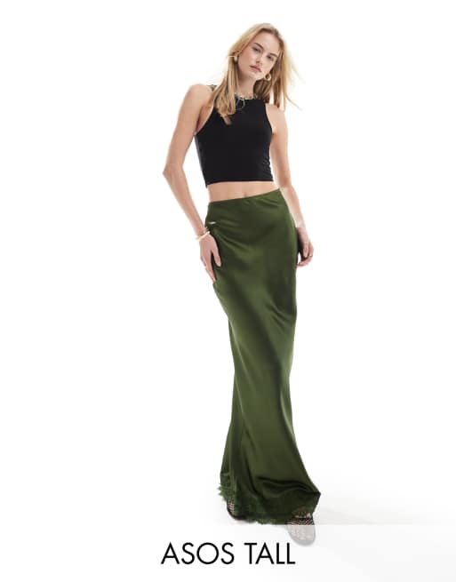 ASOS DESIGN Tall satin maxi skirt with lace trim in khaki ASOS