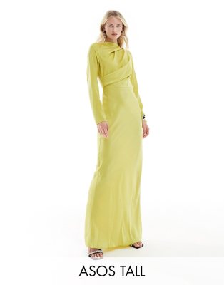 ASOS DESIGN Tall - Satin-Maxikleid in Chartreuse-Gelb mit drapiertem Oberteil-Grün