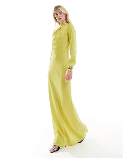 ASOS DESIGN Tall – Satin-Maxikleid in Chartreuse-Gelb mit drapiertem Oberteil, 3 von 4