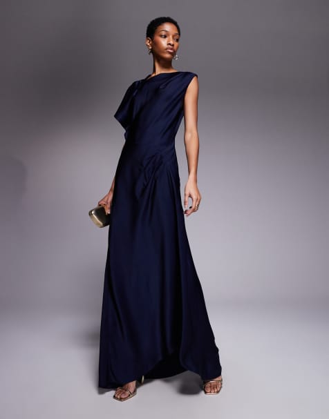 ASOS DESIGN Tall – Satin-Maxikleid in Mitternachtsblau mit asymmetrischem Ausschnitt und Faltendetail an Schulter und Rock - view 1