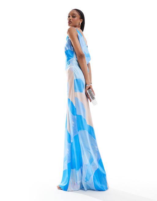 ASOS DESIGN Tall Satin Maxikleid mit abstraktem Print in Blau eckigem Ausschnitt und Wasserfalldetail auf der Ruckseite ASOS