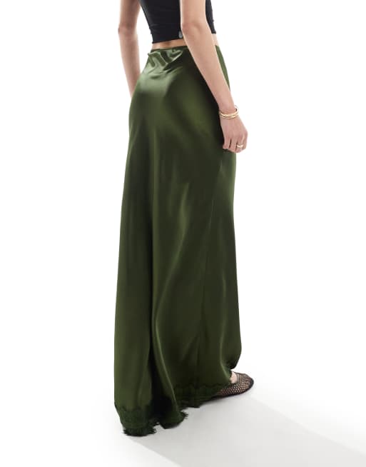 ASOS DESIGN Tall Satin Maxirock in Khaki mit Spitzenborte