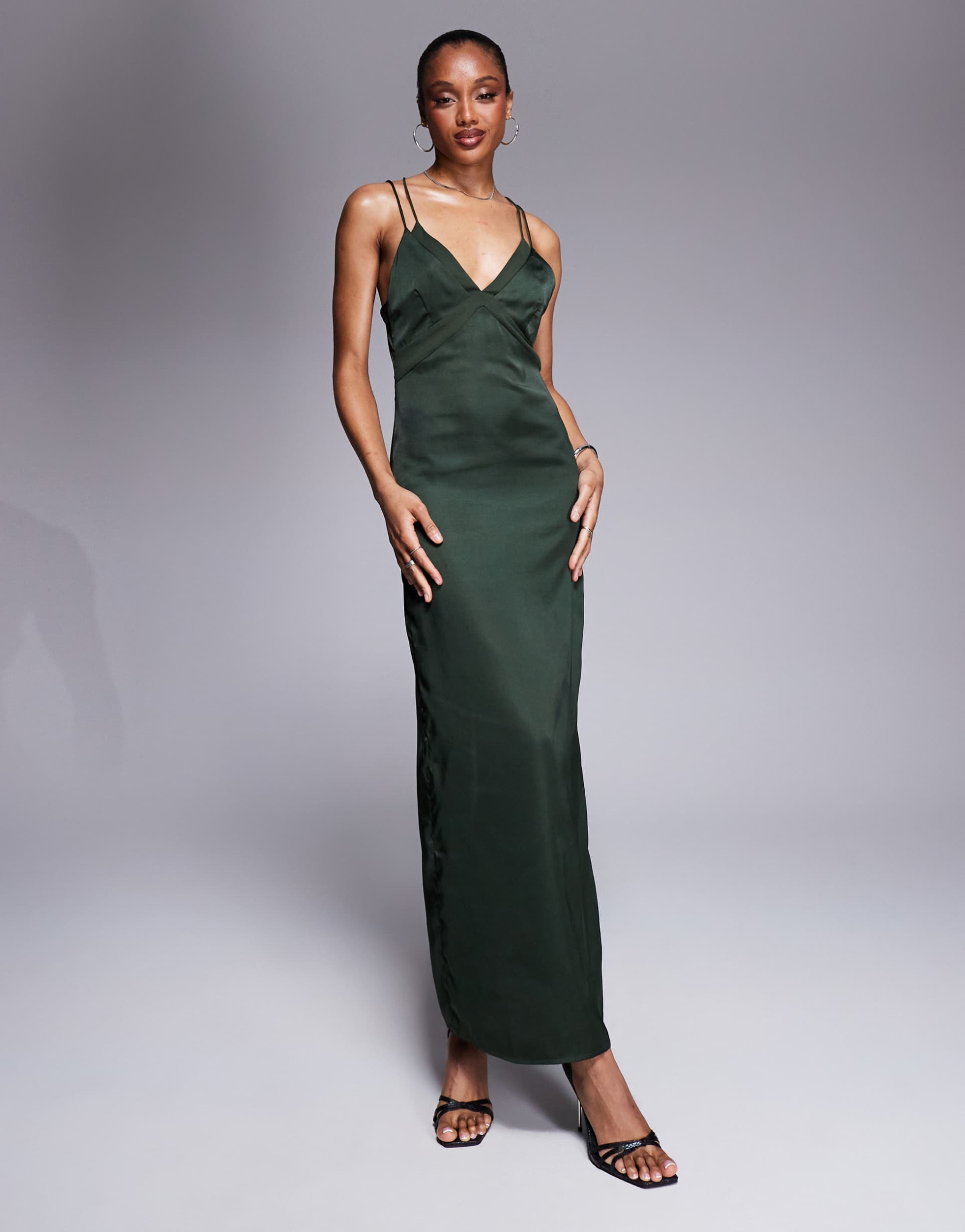 asos design tall satin midi dress with chiffon bust detail and cross back in olive