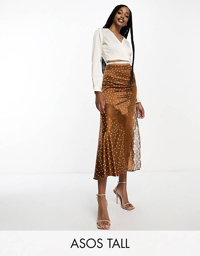 ASOS Tall - ASOS DESIGN Tall satin midi slip skirt with lace inserts in rust polka dot