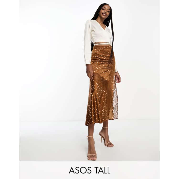 ASOS DESIGN Tall satin midi slip skirt with lace inserts in rust polka dot