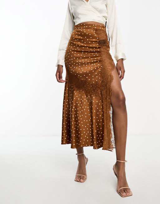 ASOS DESIGN Tall satin midi slip skirt with lace inserts in rust polka dot