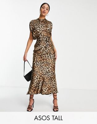 ASOS DESIGN Tall satin midi tea dress with puff sleeves and belt in animal print