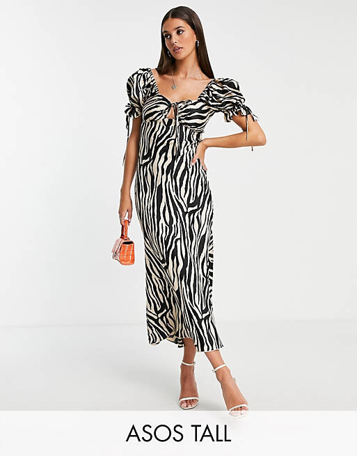 ASOS DESIGN Tall satin midi tea dress with tie front in stone zebra ...