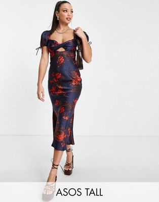 ASOS DESIGN Tall satin midi tea dress with twist front in spot and floral print