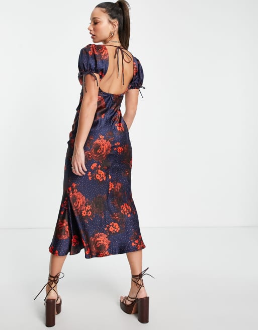 ASOS DESIGN Tall satin midi tea dress with twist front in spot and floral print