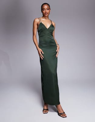 ASOS DESIGN Tall - Satin-Midikleid in Tannengrün mit Chiffon-Brustdetail und überkreuzter Rückseite