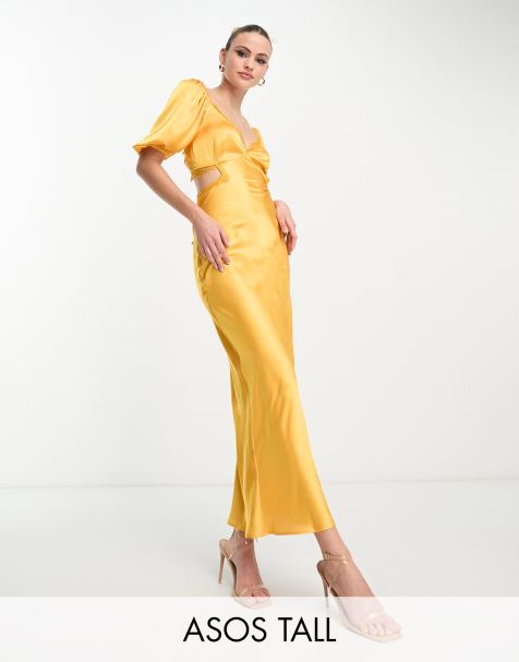 ASOS DESIGN Tall satin milkmaid lace trim maxi dress with strappy back in gold