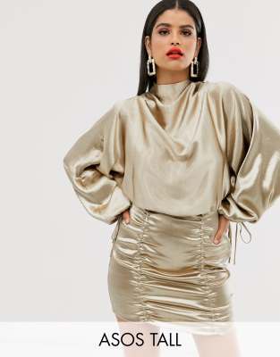 taupe high neck ruched back satin mini dress