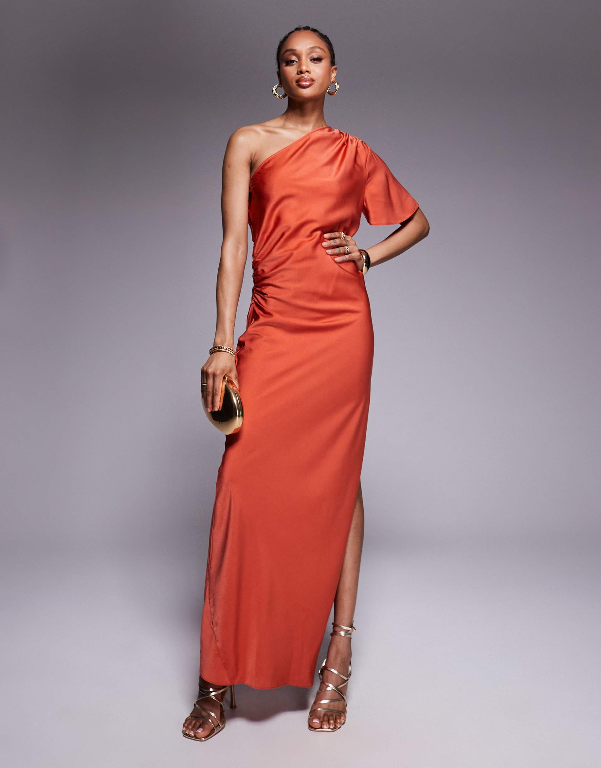 asos design tall satin one shoulder flutter sleeve midi dress in autumn glaze