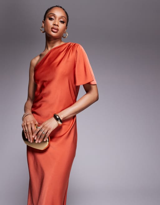 ASOS DESIGN Tall satin one-shoulder flutter sleeve midi dress in autumn glaze, 3 of 4