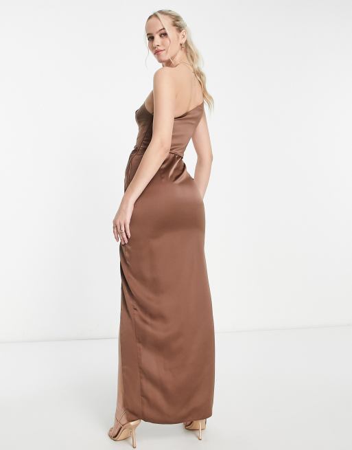 ASOS DESIGN Tall satin one shoulder strappy midi dress with slit in brown