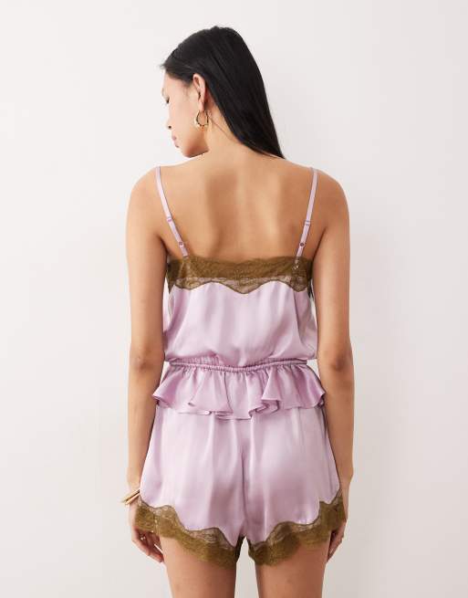 ASOS DESIGN Tall – Satin-Playsuit in Flieder und Khaki mit Spitzenbesatz, 3 von 4
