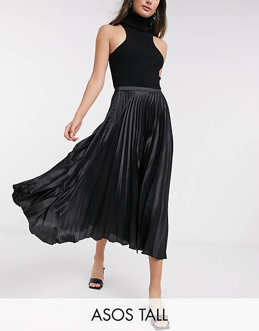 ASOS DESIGN Tall satin pleated midi skirt in black | ASOS