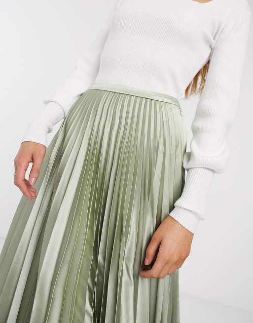 ASOS DESIGN Tall satin pleated midi skirt in green