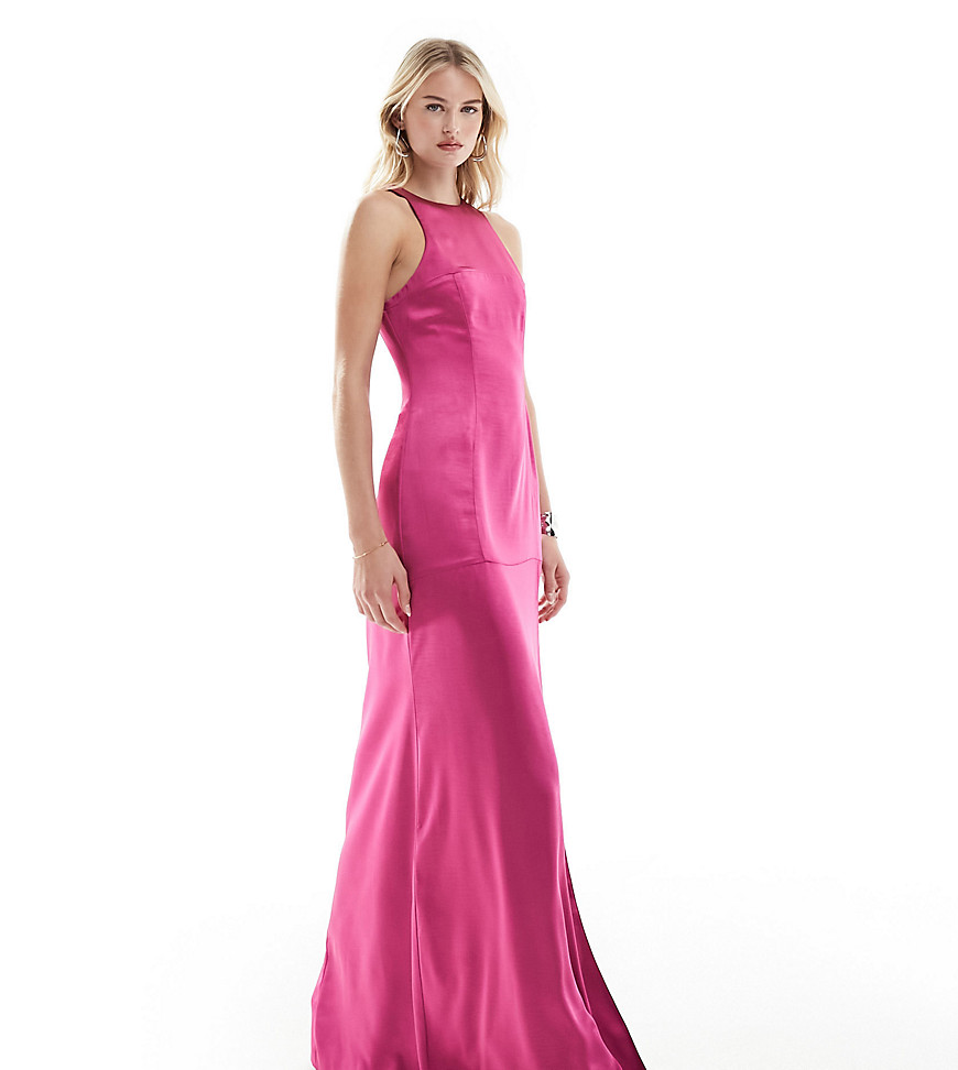 Asos Tall Asos Design Tall Satin Racer Neck Seam Detail Maxi Dress In Magenta Pink
