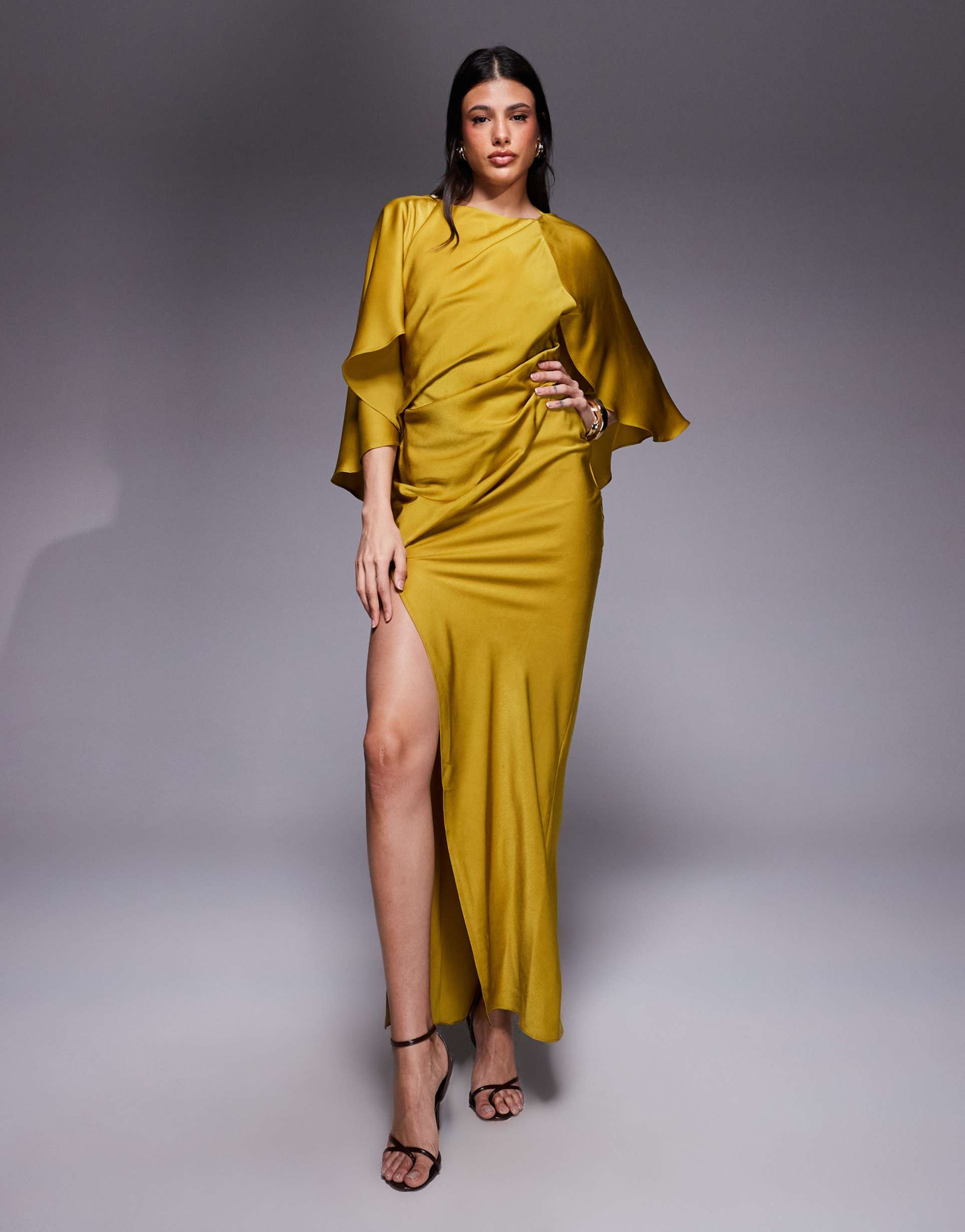 asos design tall satin ruffle cape sleeve maxi dress with open back detail and high slit in chartreuse