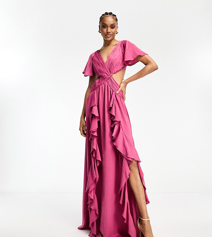 Asos Tall Asos Design Tall Satin Ruffle Flutter Sleeve Maxi Dress With Cut Out Waist In Berry Pink