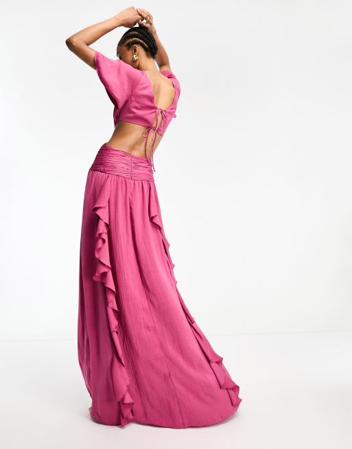 ASOS DESIGN Tall satin ruffle flutter sleeve maxi dress with cut out waist  in berry pink | ASOS
